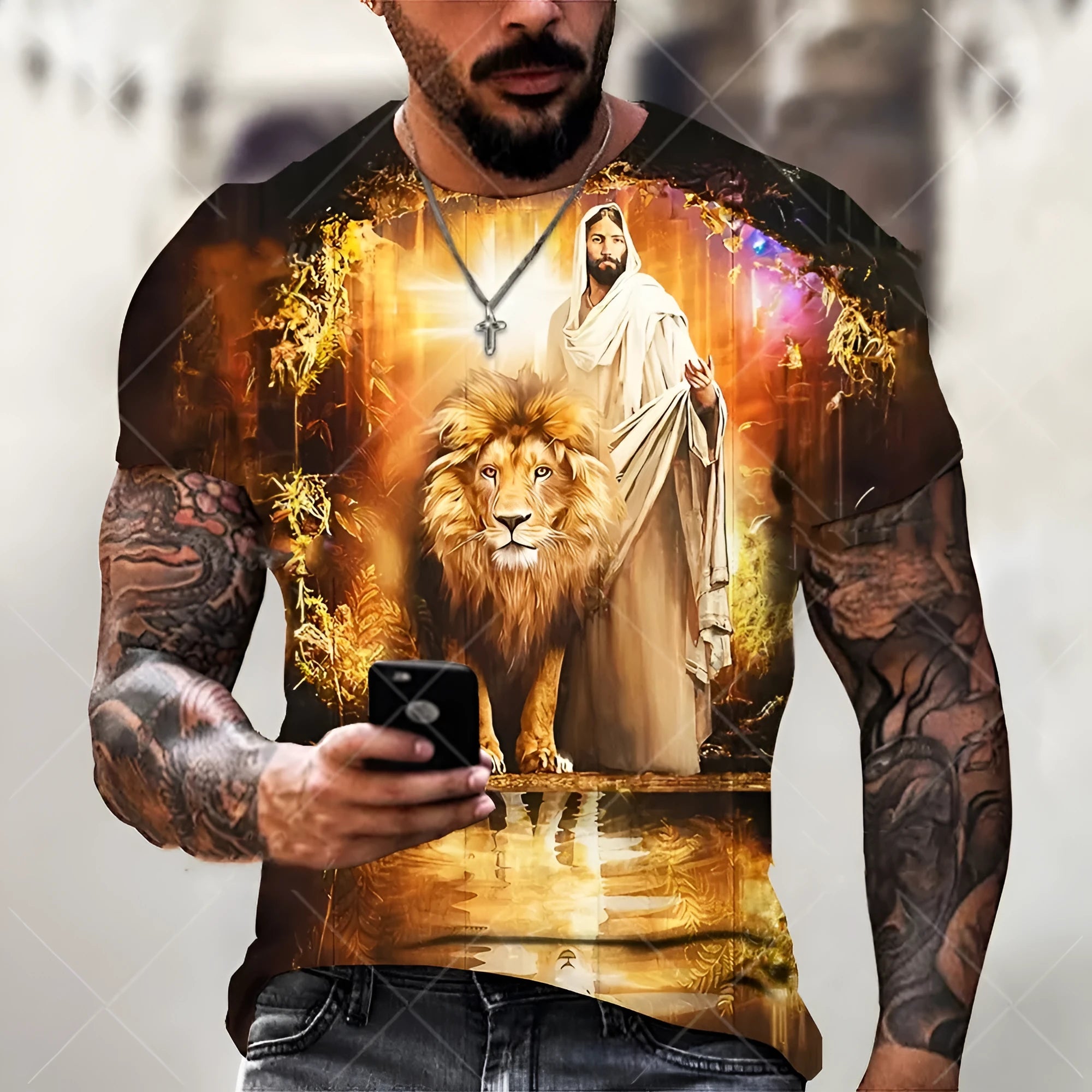 Men's grey T-shirt with a raised 3D printed Jesus pattern on the chest, short sleeves.