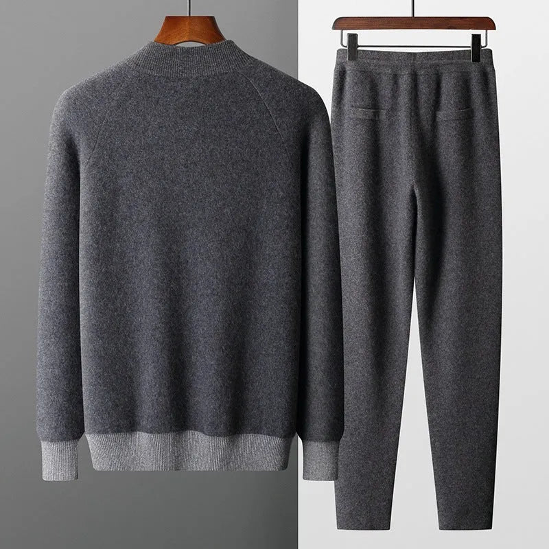 Men's camel coloured cashmere blend half turtleneck zip cardigan and trousers suit set