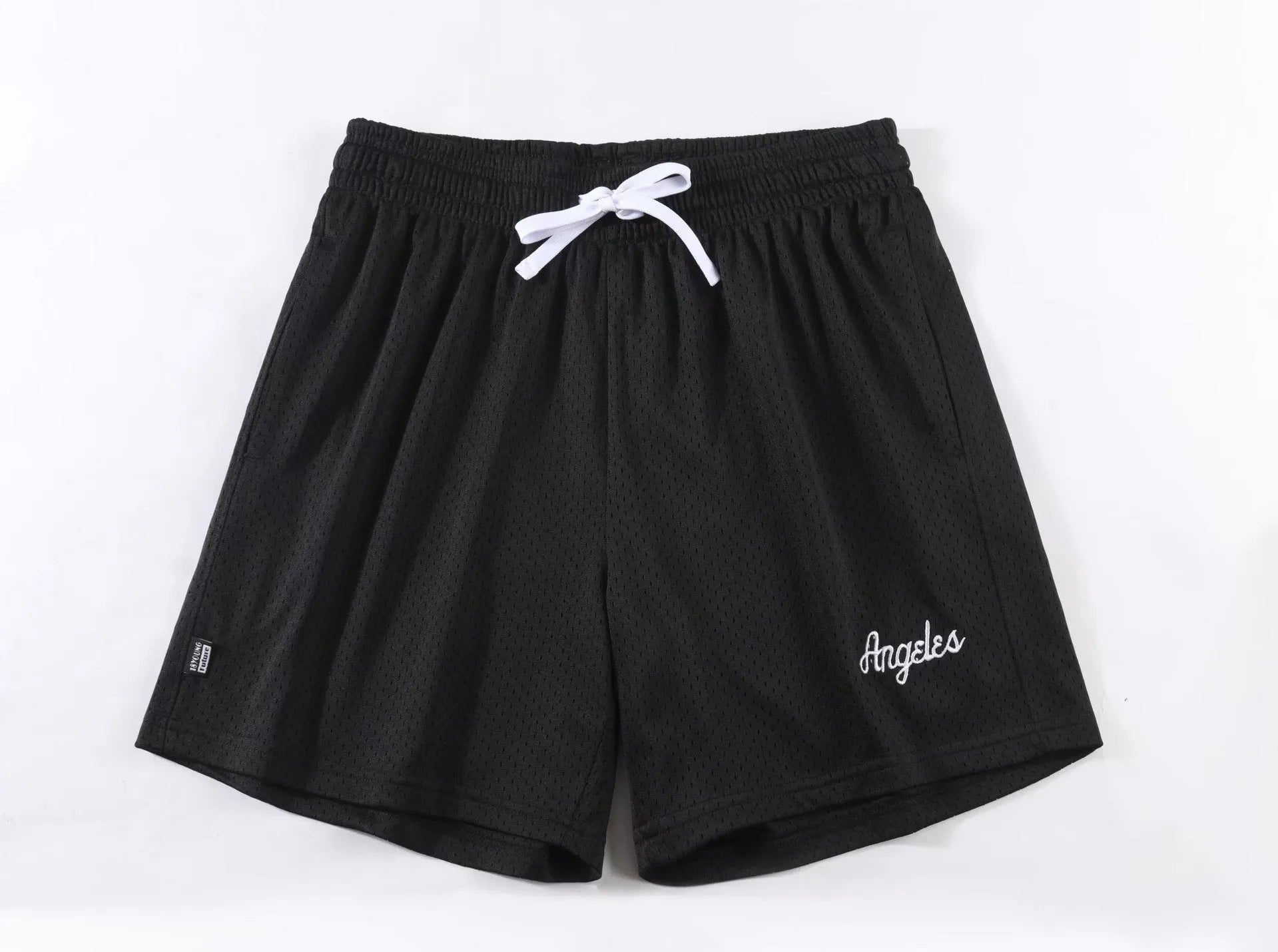 Men's black double-layer mesh shorts for summer sports and leisure wear.
