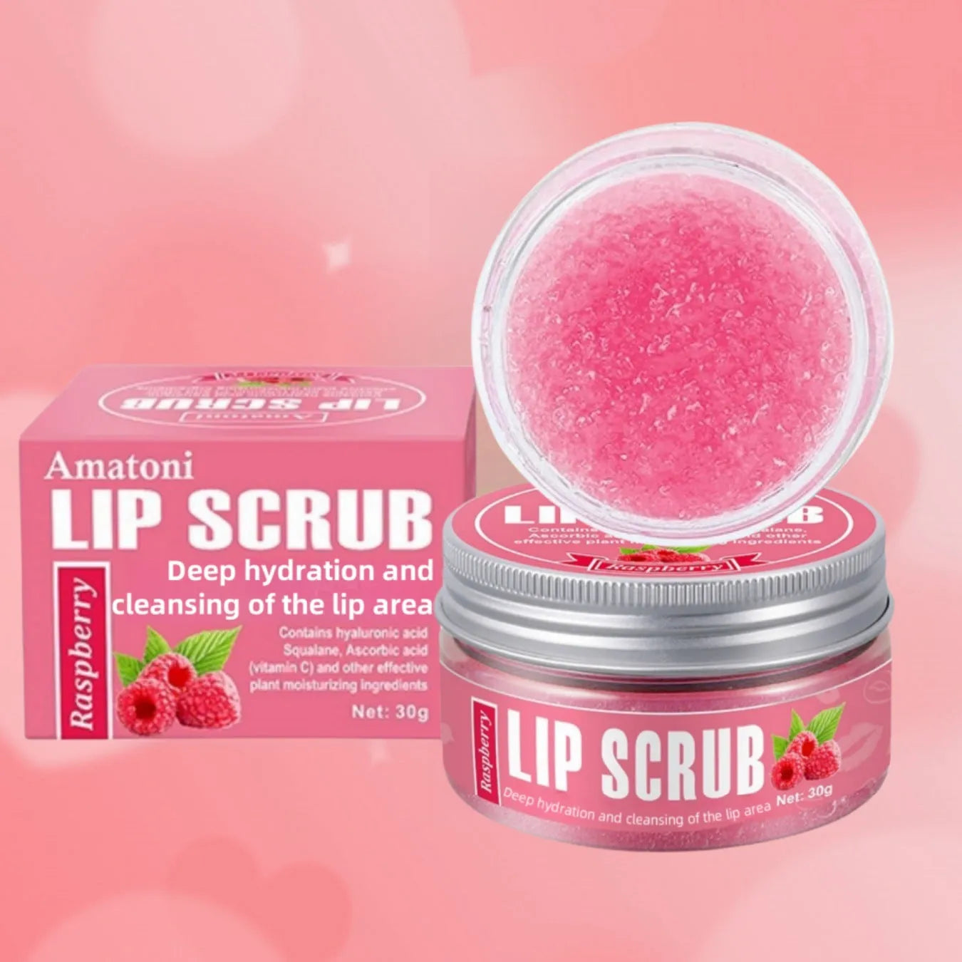 Pot of Amatoni fruit flavour lip scrub cream for exfoliating and moisturising lip care.