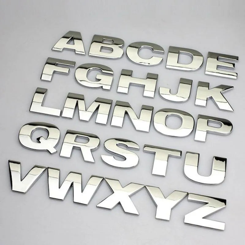 Zinc alloy 3D car bumper stickers showing individual metal letters approximately 2.5cm tall in black and silver finishes