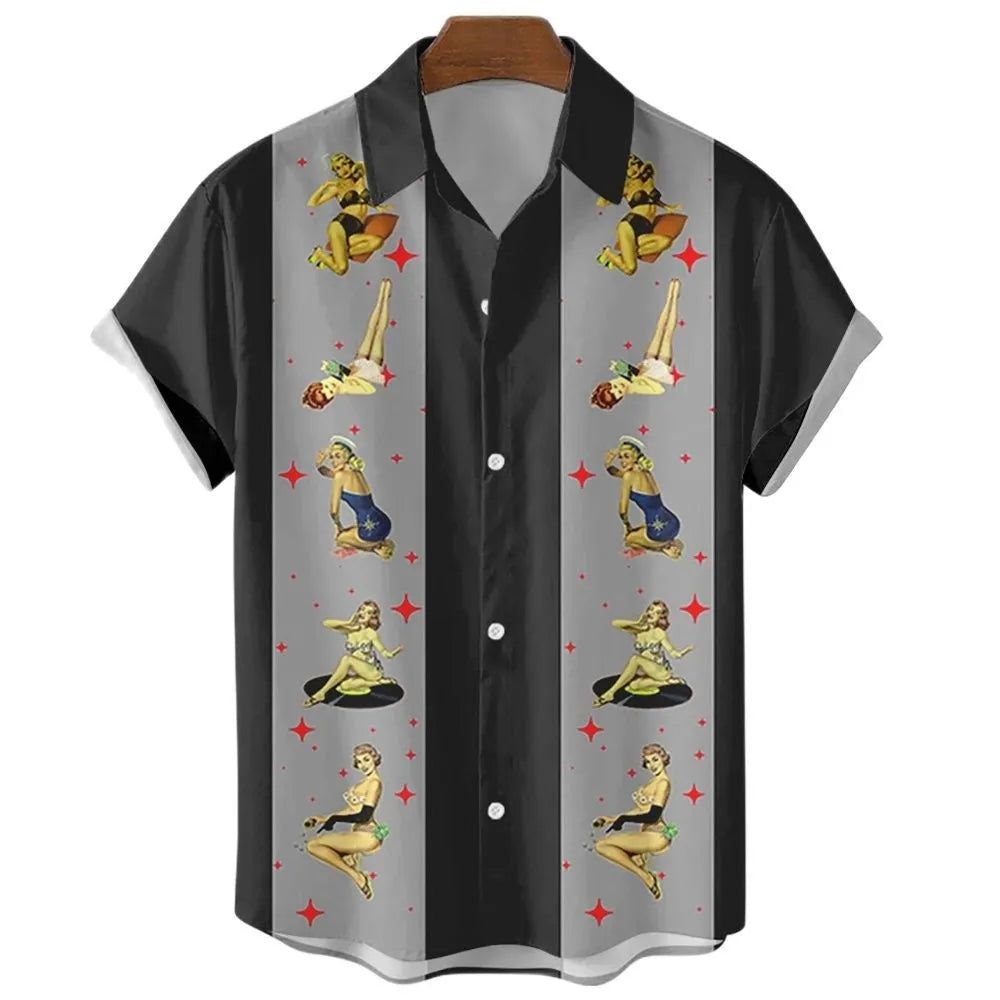 Men's stripe pattern Hawaiian shirt with short sleeves and button fastening in cardigan style
