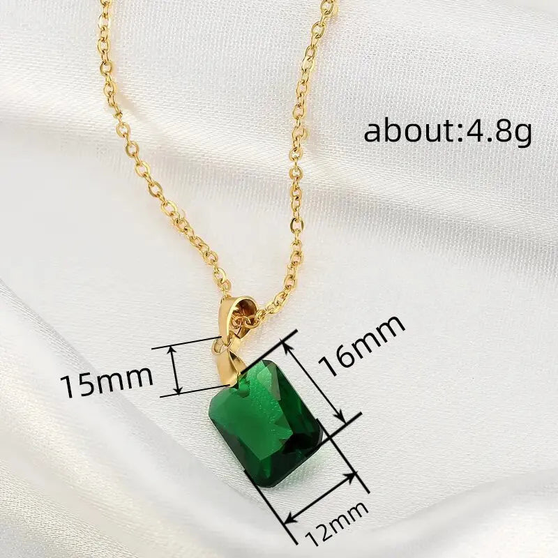 Copper rectangular geometric pendant necklace with quadrilateral design on O-ring chain in green colour