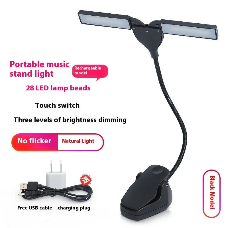 Rechargeable music stand light with 28 LED lights clipped to metal music stand