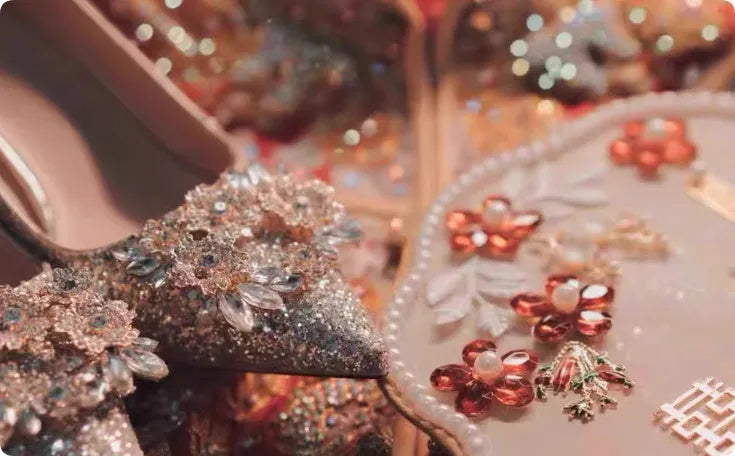 Xiuhe champagne bridal shoes with pointed toe, rhinestone decoration, and fragmented flowers pattern