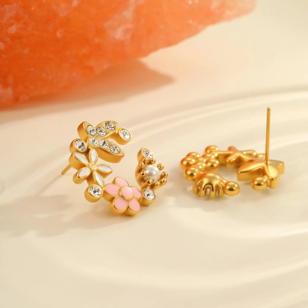 Colourful flower stud earrings with petal design on stainless steel with 18K electroplated finish
