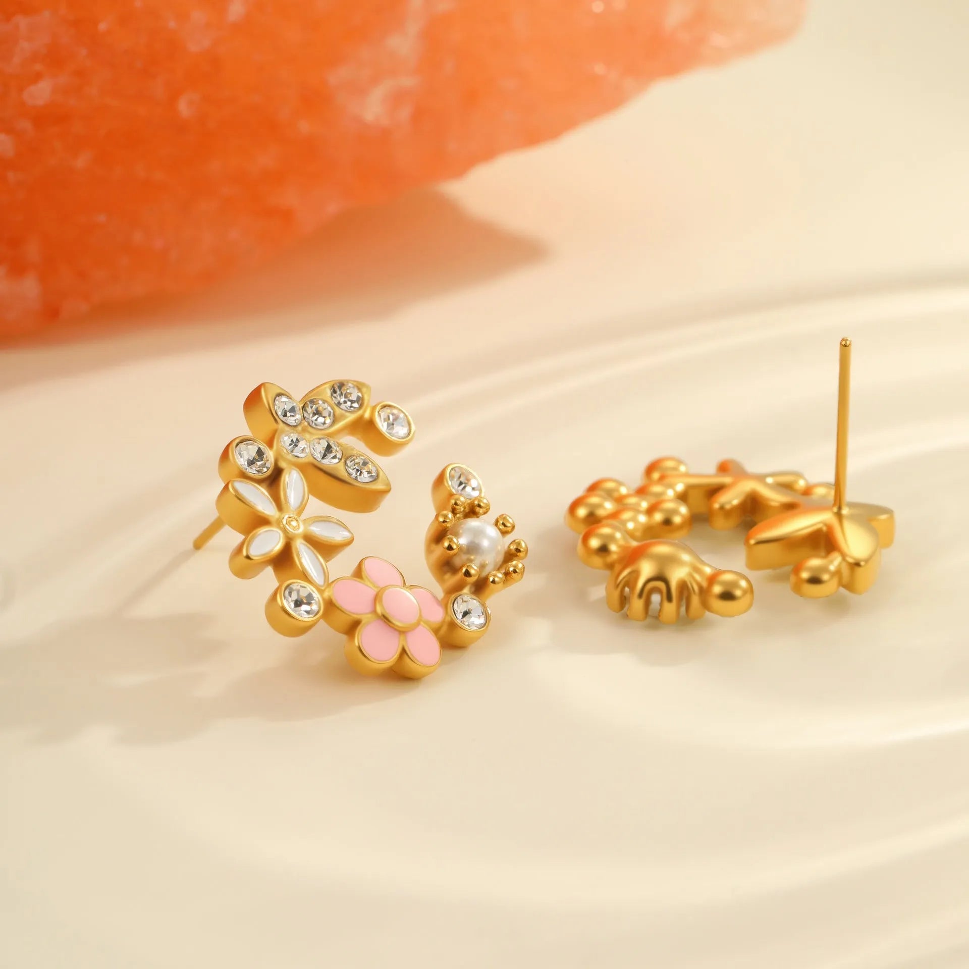 Colourful flower stud earrings with petal design on stainless steel with 18K electroplated finish