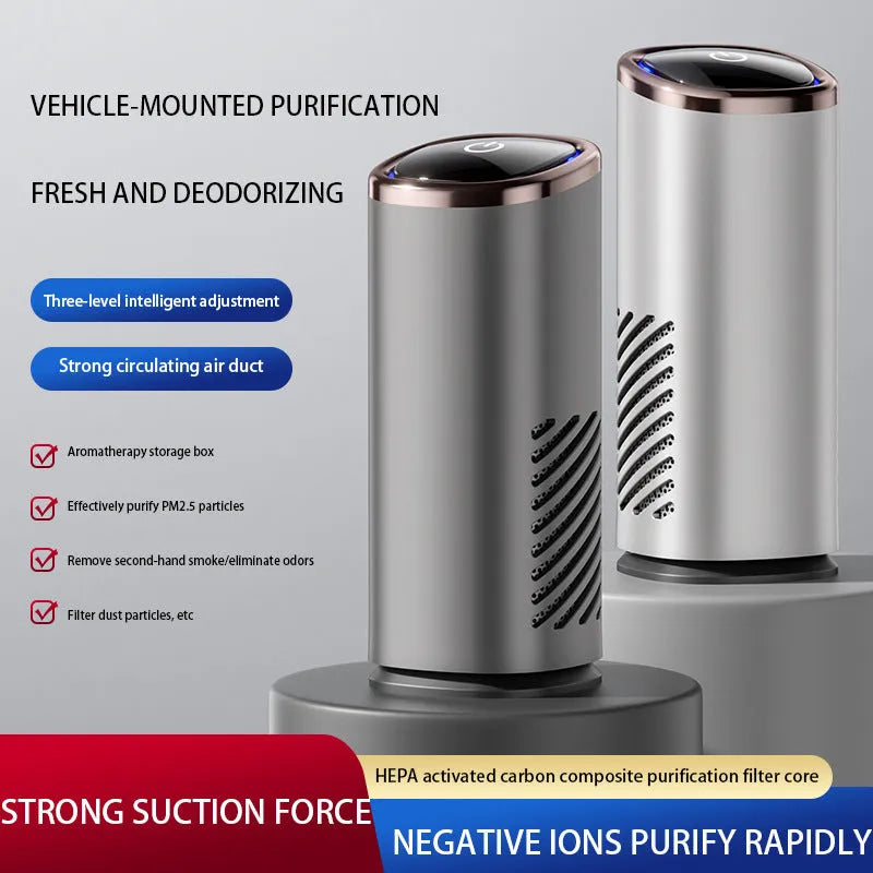 Mini portable car air purifier with anion technology, USB power, in silver, placed on a car dashboard for odour and smoke removal