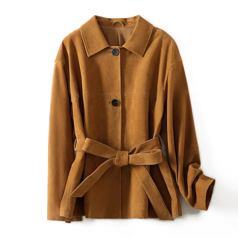 French retro cashmere coat with Peter Pan collar and leather stitching details in Caramel Mocha colour