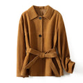 French retro cashmere coat with Peter Pan collar and leather stitching details in Caramel Mocha colour