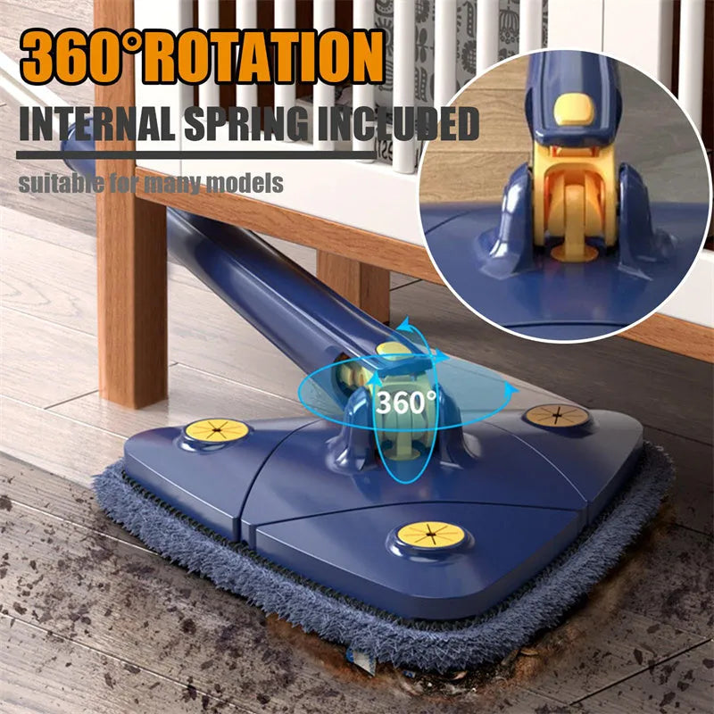Blue triangle cleaning mop with extendable pole and rotating head for corner cleaning