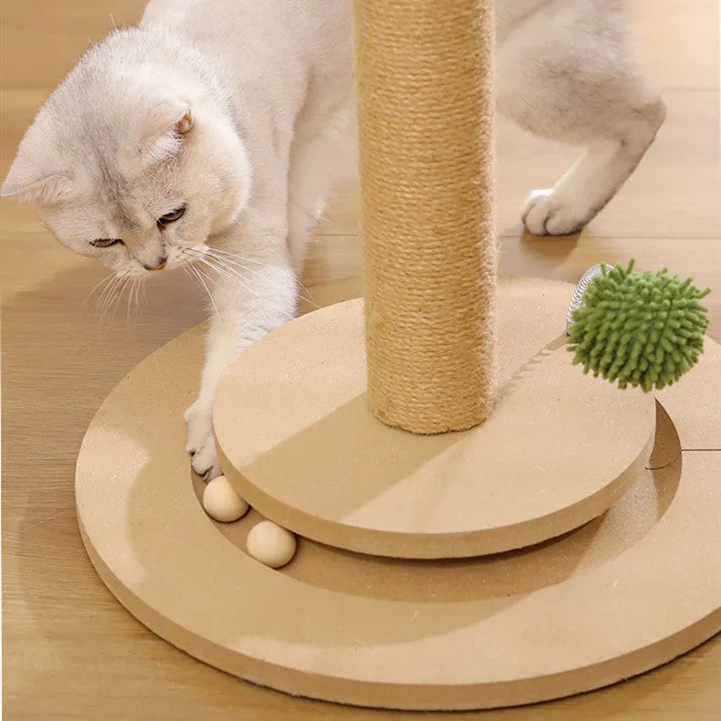 Vertical cat scratching post with hemp rope wound around a canna-coloured column on a solid base.
