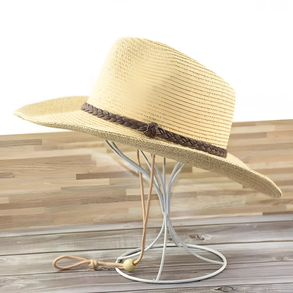 Men's foldable straw sun hat with wide brim in beige colour showing folded and unfolded positions