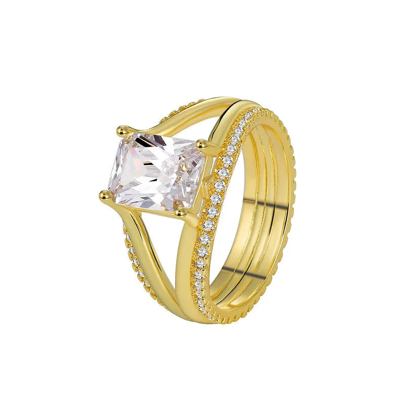Gold geometric women's ring with square zircon stone on copper base