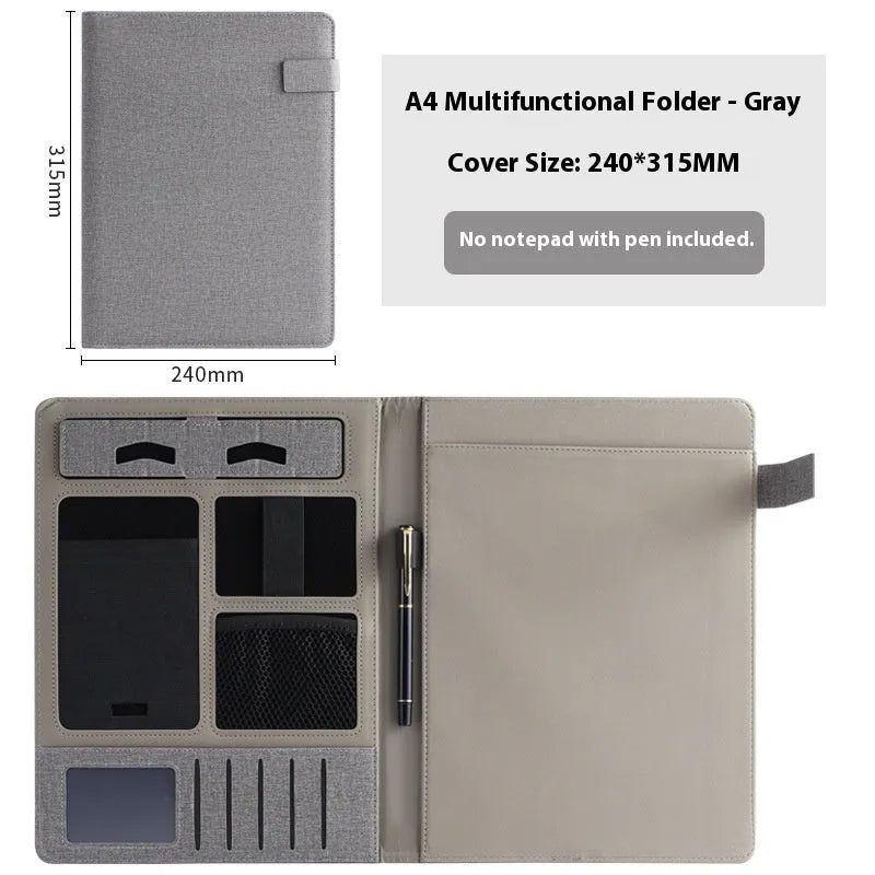 Leather A4 business folder in black colour showing pen holder and notepad configuration