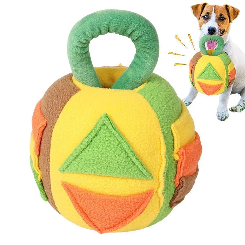 Green polyester squeaky plush ball dog toy with treat pockets on grass