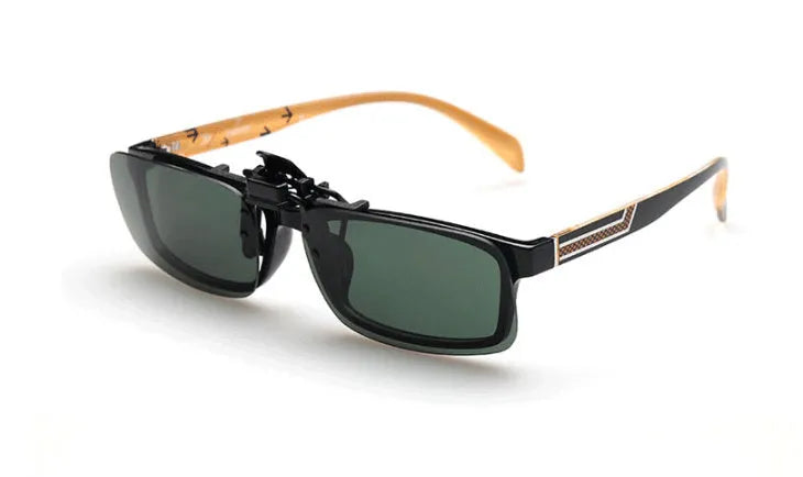 Clip-on sunglasses for prescription glasses in large and small PC frame sizes with grey, green, and night vision lenses