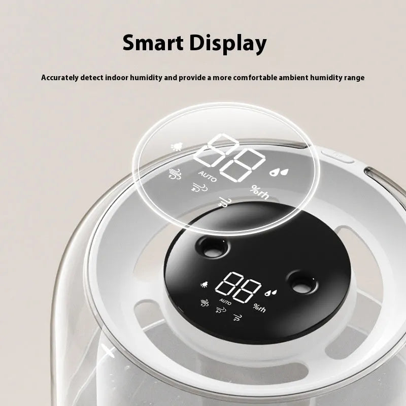 Beige round large capacity USB humidifier with dual spray nozzles and display.