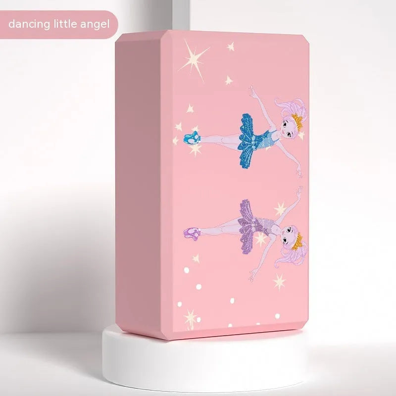 High-density EVA foam yoga block in assorted colours and prints, showing two thickness options for yoga and dance.