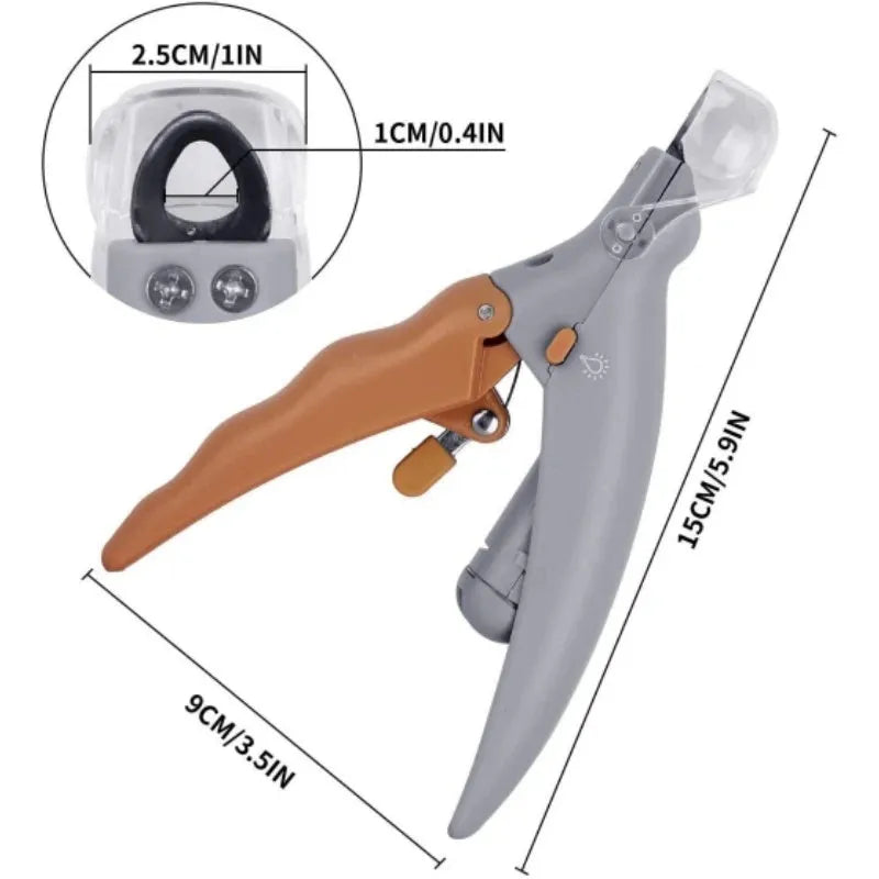 Yellow pet nail clipper for dogs and cats with built-in LED light and magnifying glass.