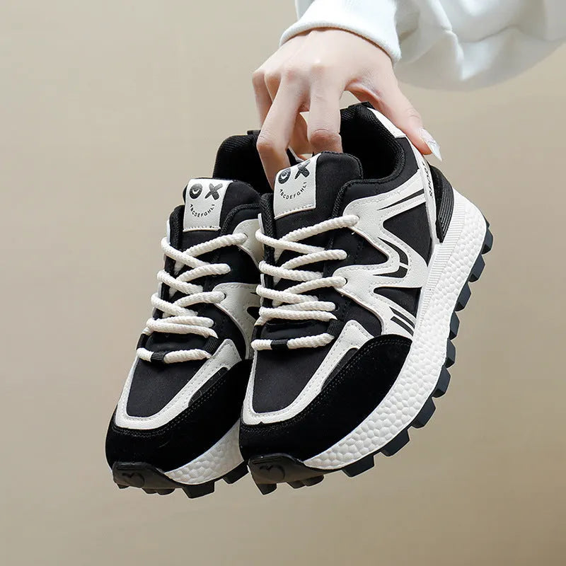 Women's black artificial PU platform casual shoes with round toe and front lace-up closure on a flat heel.