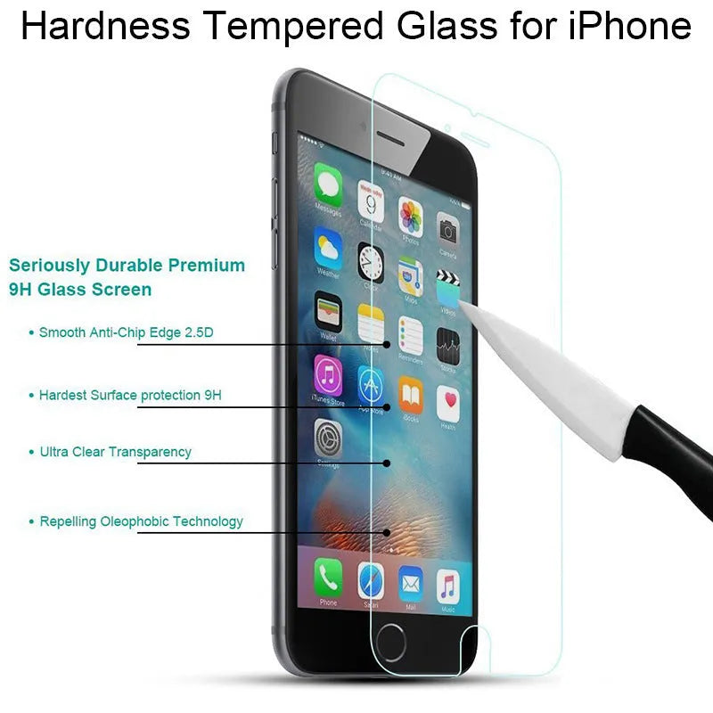 Tempered glass screen protector film for iPhone on a white background.