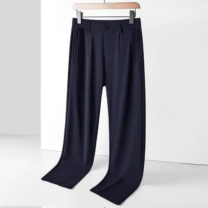 Men's solid colour ice silk straight-leg trousers with an elasticated open waistband, shown in black.