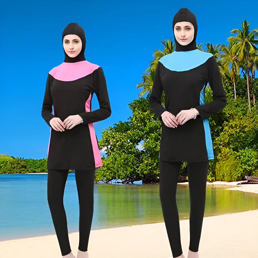 Conservative black women's swimsuit with hood, long sleeves, and full-length pants in a two-piece set.