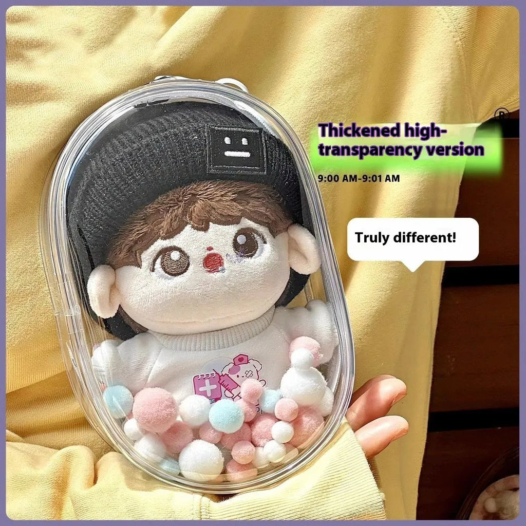 Transparent PVC cube storage bag with colourful ball keychain for cotton dolls and collectibles