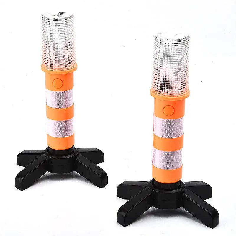 Two magnetic base emergency LED flares in plastic carry case showing suction magnet and support legs