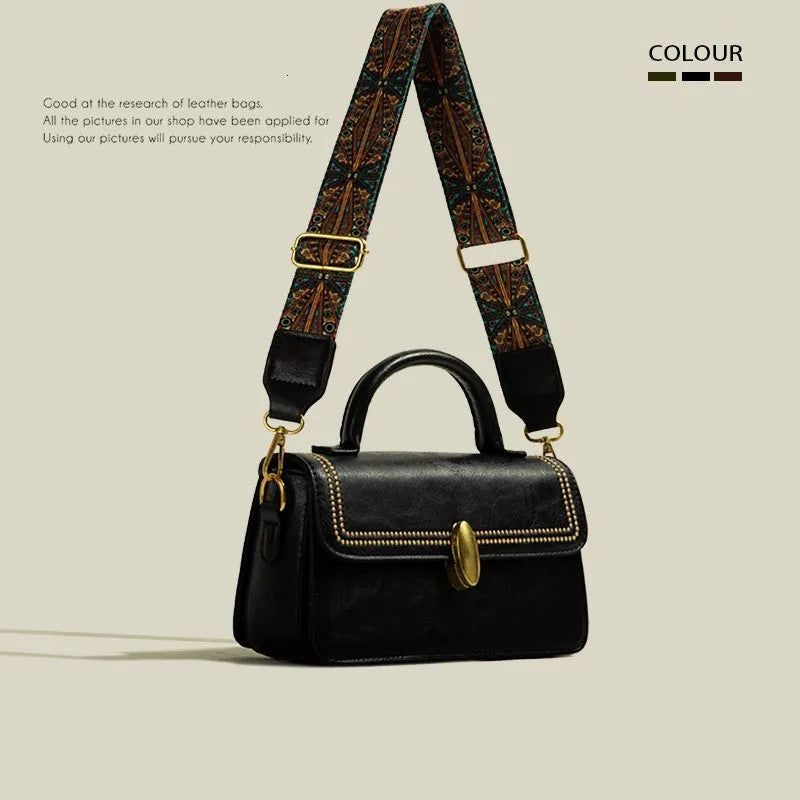 Brown retro women's messenger bag with sandwich pockets and crossbody strap showing interior phone compartment