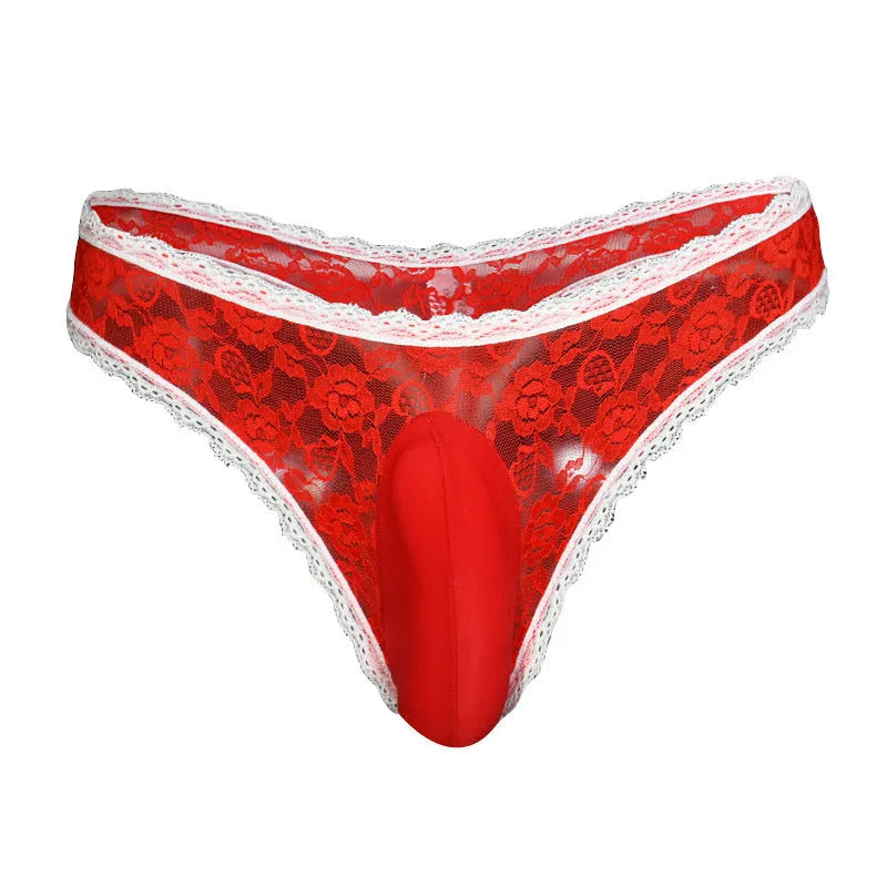 Qing He men's lace underwear briefs with vertical pouch design in black on white background