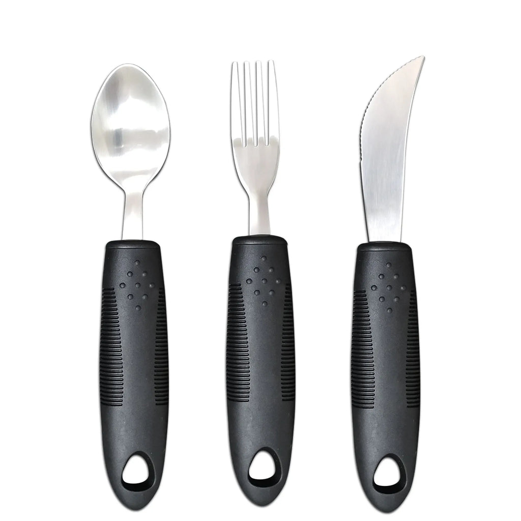 Stainless steel adaptive tableware with rubber handles in black and grey curved and straight designs