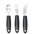 Stainless steel adaptive tableware with rubber handles in black and grey curved and straight designs
