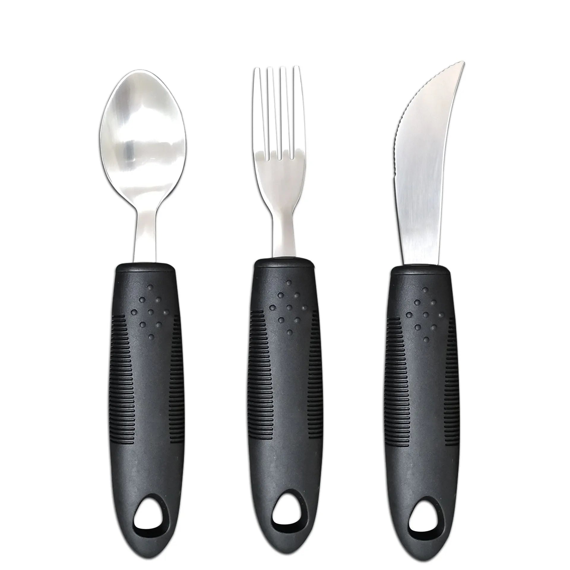 Stainless steel adaptive tableware with rubber handles in black and grey curved and straight designs