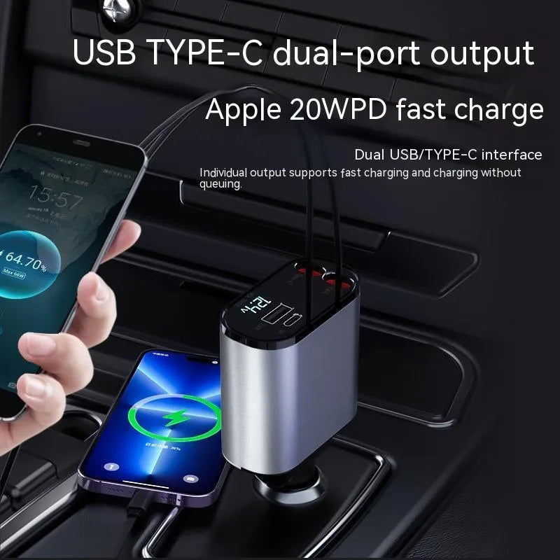 100W metal car charger with retractable cable and adjustable head for fast mobile charging in a car