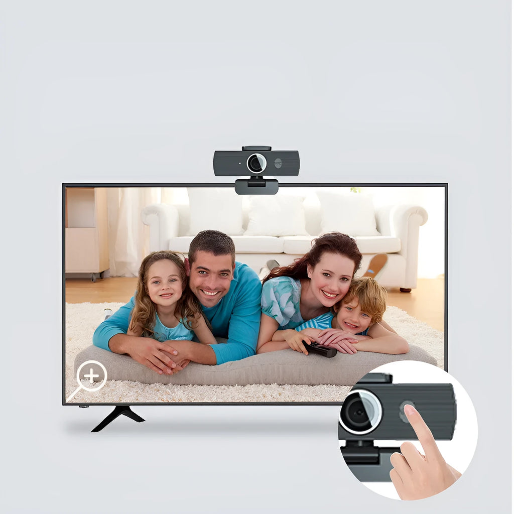 Black USB computer camera with magnetic privacy cover for video conferencing at 8MP resolution and 60FPS