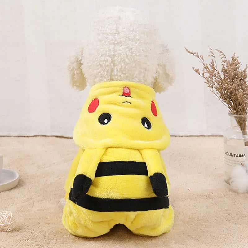 Fleece hoodie coat for a small dog or cat on a mannequin, showing soft material and hood design.