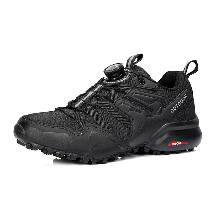 Men's beige hiking shoes with elastic band closure and rubber outsole for off-road use
