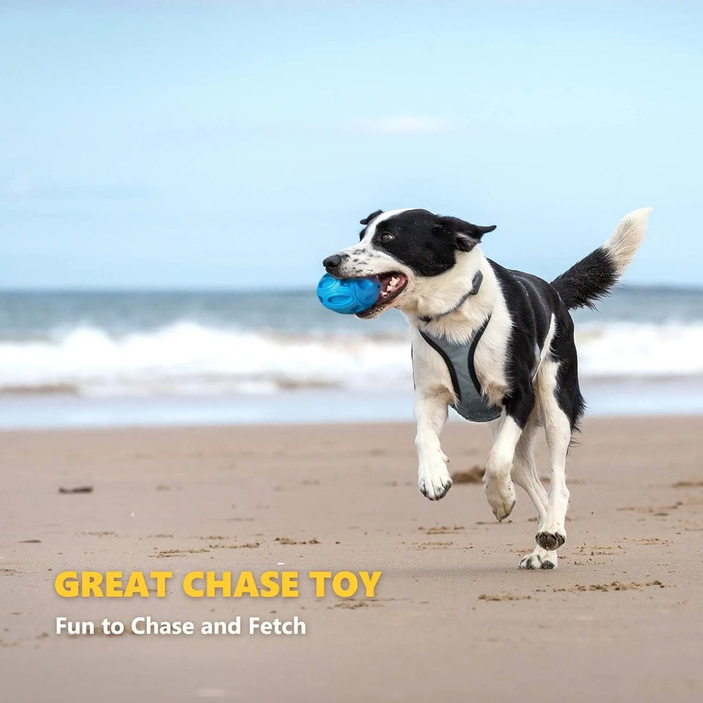 Blue, green, and orange durable natural rubber squeaky dog chew ball for medium and large breeds.