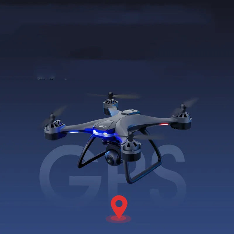 GPS quadrocopter with dual cameras and remote controller showing plastic construction and protective blade covers