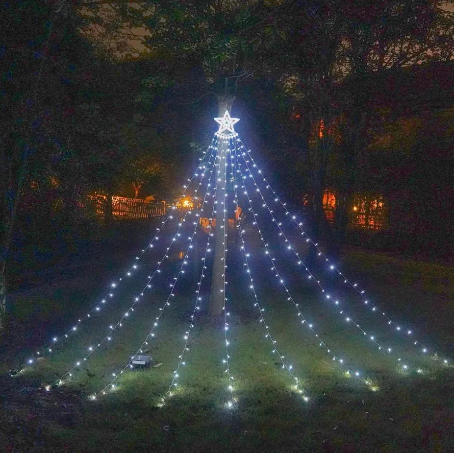 LED five-pointed star waterfall light for outdoor courtyard decoration, 1000mm length, warm white light, on a wooden fence