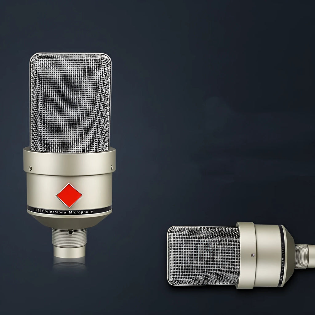 Wired condenser microphone with stand in black gold or champagne gold finish for recording and live broadcast.
