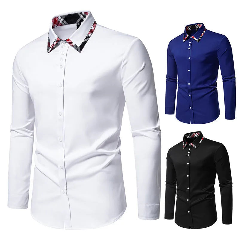 Men's plaid long sleeve shirt with a triangle collar in blue, black, or white.