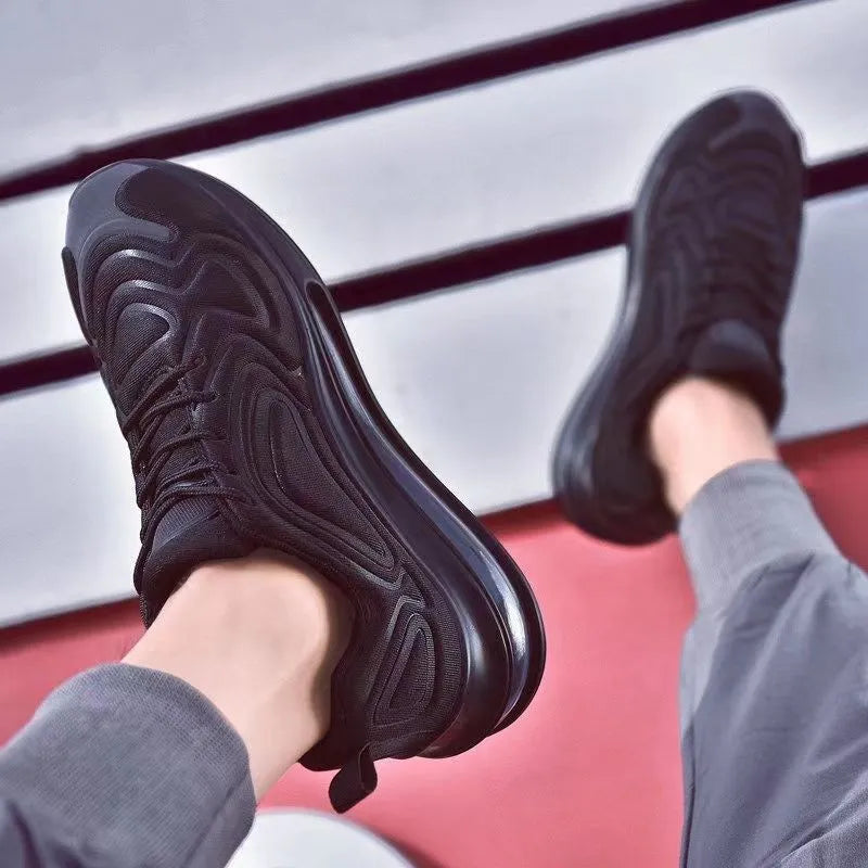 Men's black air cushion sneakers with artificial PU upper, plastic sole, and lace-up design for outdoor running