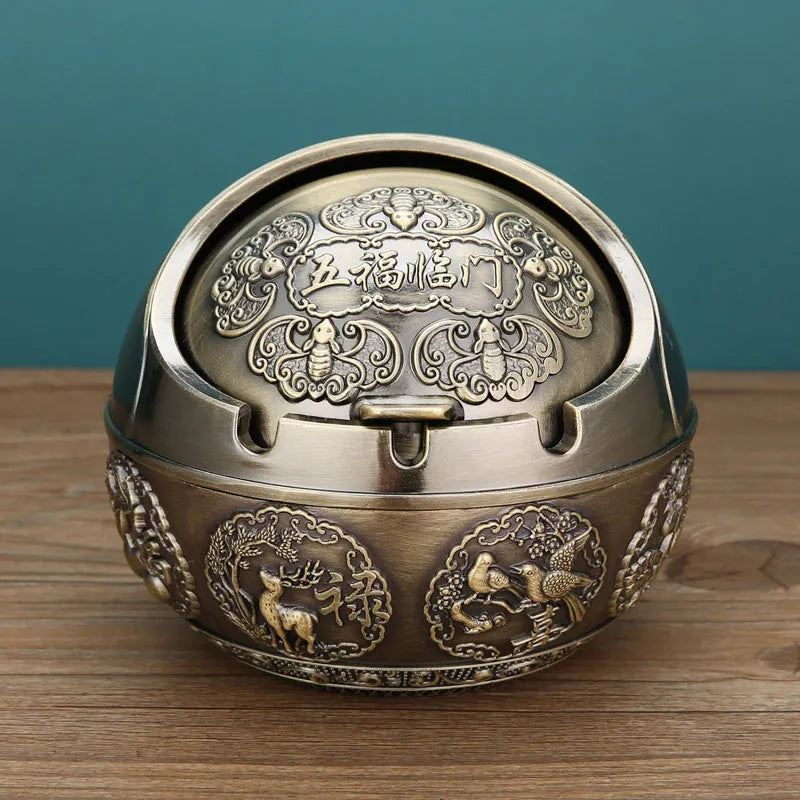 Alloy ashtray with smoke extinguishing slot in bronze finish featuring decorative dragon and phoenix design