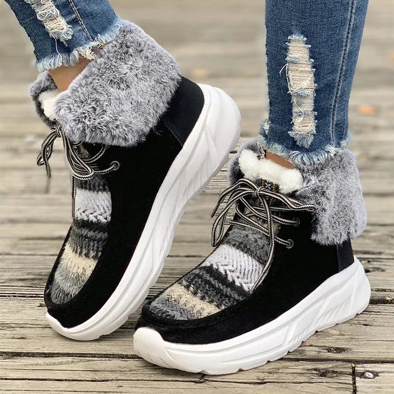 Women's beige lace-up snow boots with plush lining and non-slip rubber soles