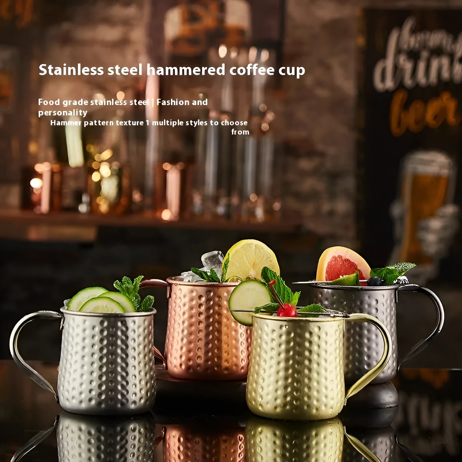 Stainless steel Moscow Mule cup with copper plating in a choice of colours and hammered or smooth finish.