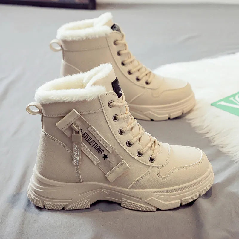 Plus size women's tall snow boots with fleece lining and rubber soles in black, khaki, or white.