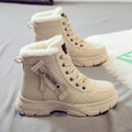 Plus size women's tall snow boots with fleece lining and rubber soles in black, khaki, or white.